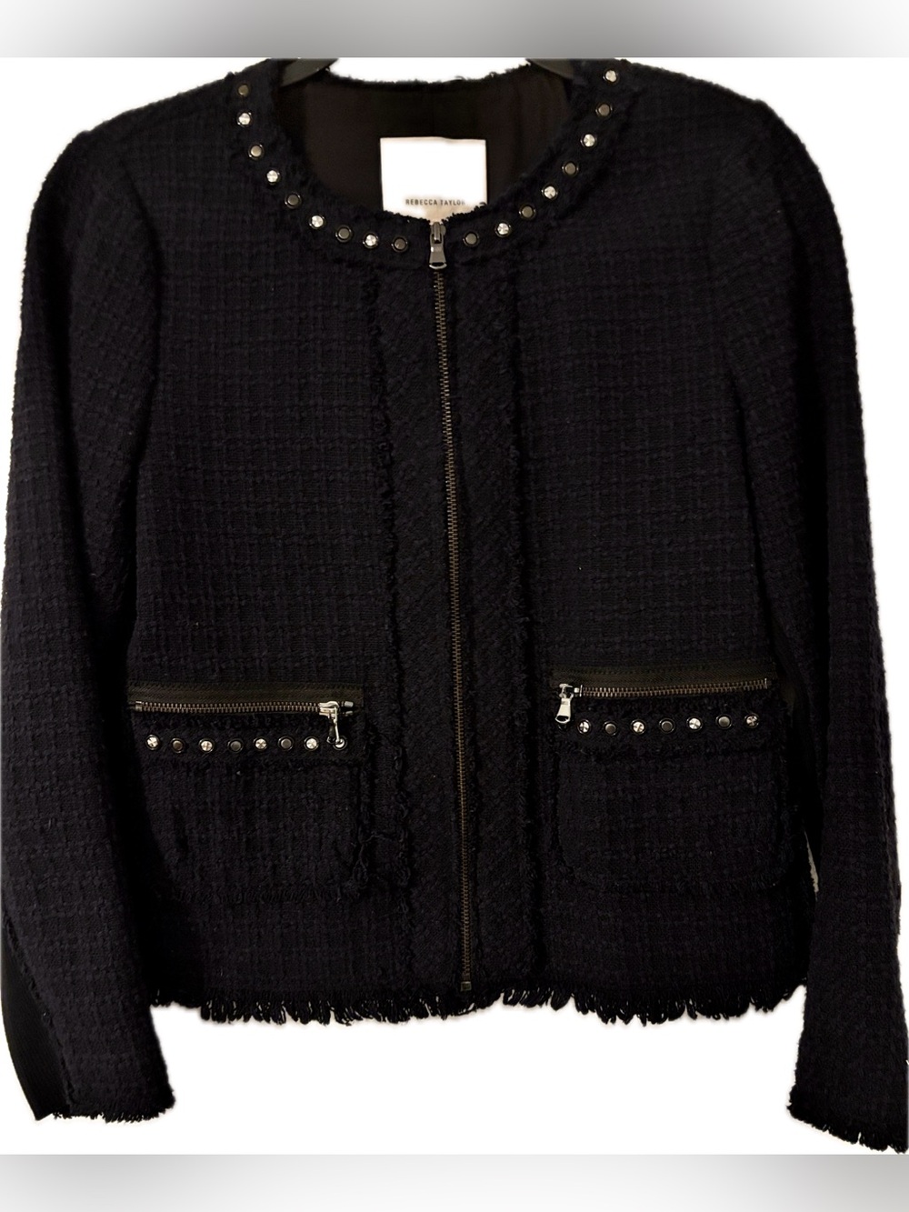 Rebecca Taylor Black Tweed Zip-Front Jacket with Stud Detail Size 8 Cotton 60%